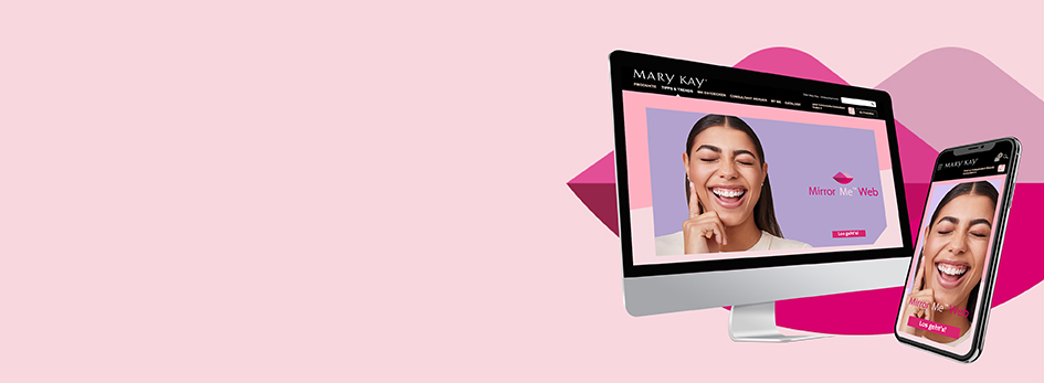Auf einem Computer-Bildschirm sowie auf einem Handyscreen ist die Anwendung „MirrorMe Web“ von Mary Kay zu sehen, mit der man Mary Kay Make-up Produkte virtuell testen kann