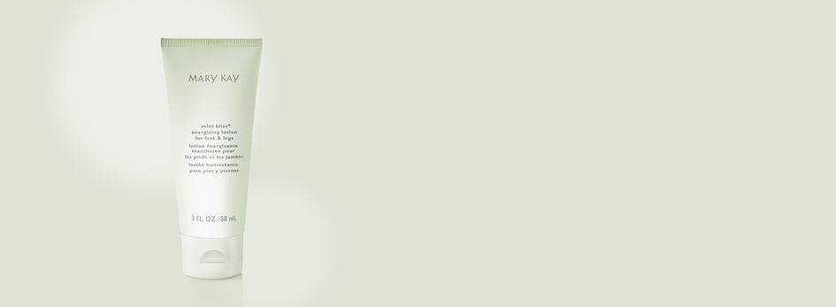 Die Mary Kay Mint Bliss® Energizing Lotion for Feet and Legs steht vor einem grauen Hintergrund.