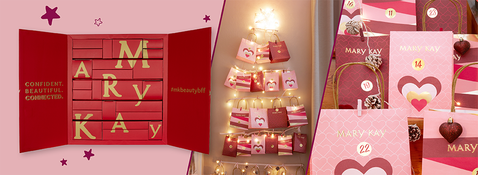 Links im Bild ist ein großer, roter, aufklappbarer Mary Kay Adventskalender zu sehen, den Sie selbst befüllen oder von Ihrer selbständigen Schönheits-Consultant mit Mary Kay befüllen lassen können. In der Mitte sieht man einen Adventskalender, der aus schönen Mary Kay Geschenktüten besteht und in der Form eines Weihnachtsbaums an einer Wand aufgehängt ist – weihnachtlich geschmückt mit einer Lichterkette. Rechts im Bild sieht man eine größere Ansicht der Mary Kay Geschenktüten, die sich wunderbar als DIY Adventskalender eignen